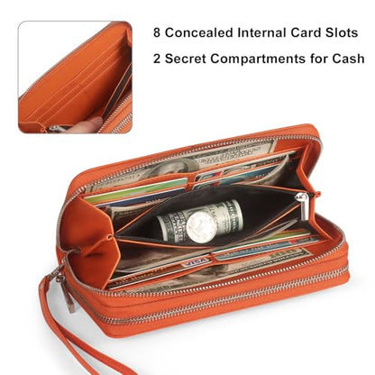 RFID Blocking Cellphone Wallet for Women Dual Zipper Wristlet Large Capacity 17 Card Slots Ladies Travel Clutch Purse with Removable Strap, Orange - color: Orange