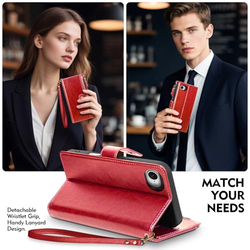 Compatible with iPhone 17e / 16e Wallet Case with Card Holder RFID Blocking Zipper Poket PU Leather Flip Phone Case with Wrist Strap Credit Card Slots Men Women,Red - color: Red