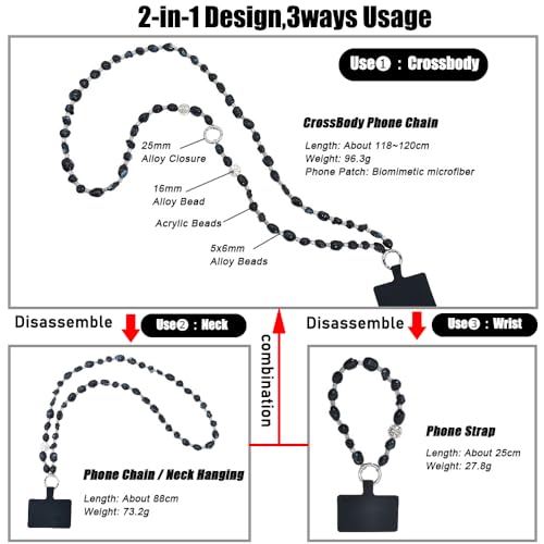 Phone Crossbody Strap, 2in1 Wrist Charm&Shoulder Lanyard,3Ways Usage free to Assembly and Disassembly Phone Strap with Tether Patches for Most Phones Bag Purse (M) - color: M