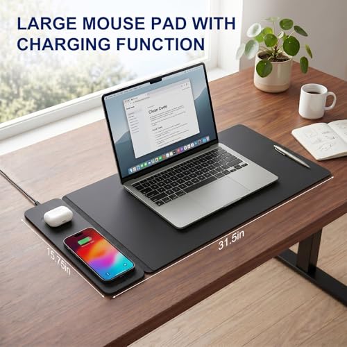 15W Wireless Charging Mouse Pad 31.5"x15.75", Double-Sided Faux Leather - color: NF-Black