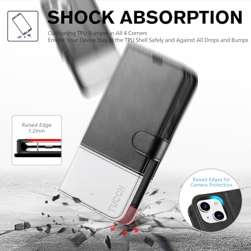TUCCH Case Wallet for iPhone 13 (6.1"), RFID Blocking Folio, Black & White | 3 Card Holders, Kickstand, PU Leather, Magnetic Closure, Shockproof TPU Shell, Protective Flip Cover - color: Black & White