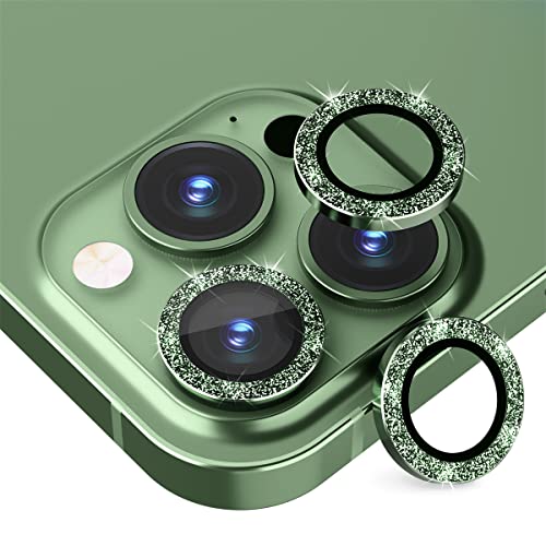 Suoman 3-Pack for iPhone 13 Pro 6.1 inch / 13 Pro Max 6.7 inch Camera Lens Protector, 9H Hardness Tempered Glass Film, [Glitter diamonds] Individual Metal Protective Cover - Green - color: Green