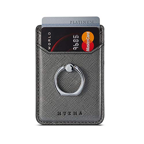 Phone Card Holder with Ring Grip for Back of Phone,Adhesive Stick-on Credit Card Wallet Pocket for iPhone,Android and Smartphones Gun Metal - color: Gun Metal