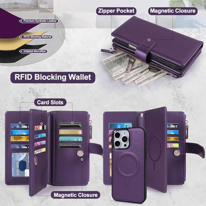 Magnetic Case for iPhone 13 Pro Max Wallet Compatible with Magsafe RFID Blocking Card Holder Detachable Phone Cover Kickstand Snap Strap Zipper Pocket PU Leather 6.7 inch (Purple) - color: Purple, size: iPhone 13 Pro Max