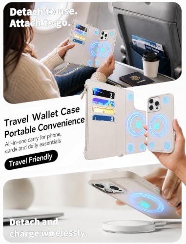for iPhone 16 Pro 2-in-1 Magnetic Crossbody Wallet Case + Wrist Strap | Wireless Charging After Wallet Removal, Detachable Crossbody/Wrist Straps, Landscape Stand, Card Holder and Zipper Pocket - color: Cream apricot, size: iPhone 16 Pro