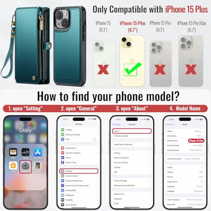 Defencase for iPhone 15 Plus Case Wallet Compatible with Magsafe, Blue Green - color: (Detachable with Magsafe)-Blue Green