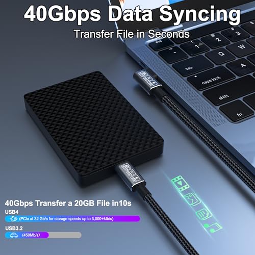 USB C Thunderbolt 4 Cable - 3.3FT, 240W Monitor Cable with 40Gbps Data Transfer and 8K Video, Compatible with Thunderbolt 3 - size: Right Angle 40Gbps Data Transfer Cable 3.3FT