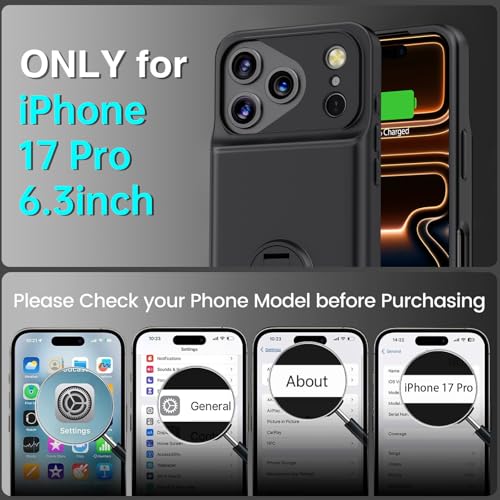 BOPPS Battery Case for iPhone 17 Pro with Stand【Support Carplay】 Slim Powerful 8500mAh Portable Charger Case 360°Protection Rechargeable Extended Charging case for iPhone 17 Pro Black