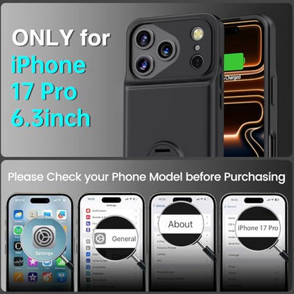BOPPS Battery Case for iPhone 17 Pro with Stand【Support Carplay】 Slim Powerful 8500mAh Portable Charger Case 360°Protection Rechargeable Extended Charging case for iPhone 17 Pro Black