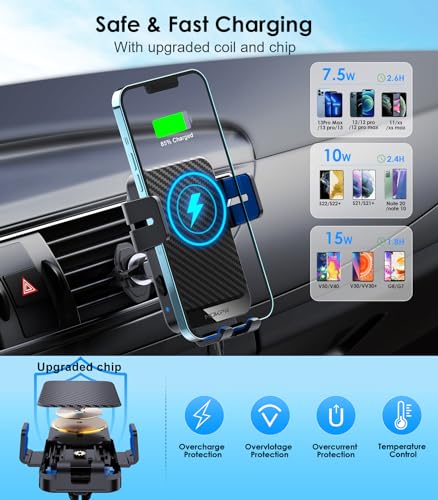 Wireless Car Charger 15W Fast Charging Auto-Clamping Air Vent Phone Mount - color: Blue Arm