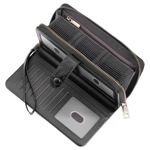 SENDEFN Women's Credit Card Holder RFID Blocking Zip Around Leather Wallet Large Capacity Long Purse with Wristlet - color: Black