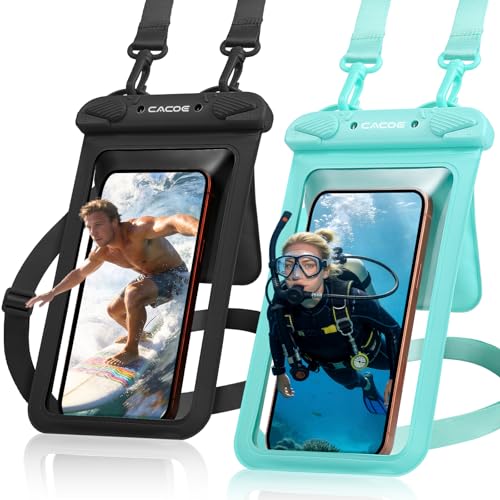 CACOE Waterproof Phone Pouch 2 Pack Up to 8.8", Double Bag, Black+Green | IPX8 Waterproof Phone Case,Adjustable Lanyard,Dry Bags for Beach/Cruise/Travel/Camping/Kayak/Hiking/Lake/Vacation Essentials - color: Black+Green