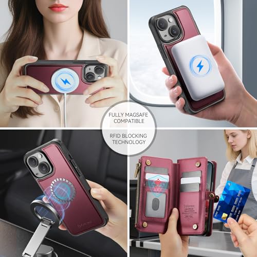 Defencase for iPhone 14 Plus Case Wallet Compatible with Magsafe, Wine Red | Drop-Proof Magnetic Detachable Phone Cases Cover, with RFID Bolcking Card Holder, Zipper Strap, PU Leather, Removable Wallet - color: (Detachable with Magsafe)-Wine Red