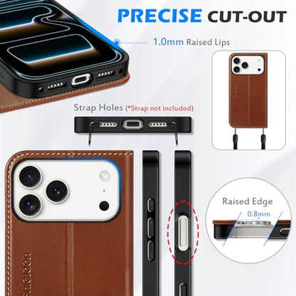 SHIELDON Genuine Leather Case Wallet for iPhone 17 Pro Max, Retro Brown | Flip Magnetic Cover, RFID Blocking, Credit Card Holder, Kickstand, Book Design, Shock-Absorbent Phone Cover - color: Retro Brown