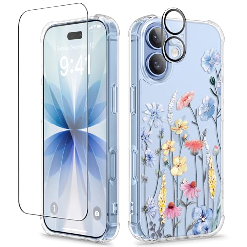 GVIEWIN for iPhone 17 Case Floral, Slim Clear Non-Yellowing | Shockproof Protective, Screen Protector+Camera Lens Protector, Women Phone Case for iPhone 17 6.3", Aconite/Light Blue - color: Aconite/Light Blue