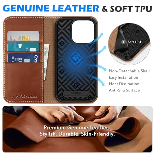 SHIELDON Genuine Leather Flip Wallet Case for iPhone 16 Pro, Retro Brown | RFID Blocking, Credit Card Holder, Magnetic Closure, Kickstand, Folio Design, Soft Shock-Absorbent Phone Cover - color: Retro Brown