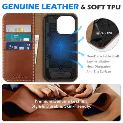 SHIELDON Genuine Leather Flip Wallet Case for iPhone 16 Pro, Retro Brown | RFID Blocking, Credit Card Holder, Magnetic Closure, Kickstand, Folio Design, Soft Shock-Absorbent Phone Cover - color: Retro Brown