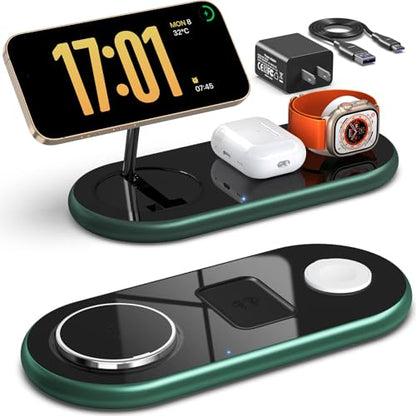 3 in 1 Charging Station for Apple Devices, Faster Mag-Safe Charger Stand, Magnetic Wireless Charger Station for iPhone 17 16 15 14 13 12 Pro Max Plus, Apple Watch iwacth & AirPods, (Alpine Green) - color: Alpine Green
