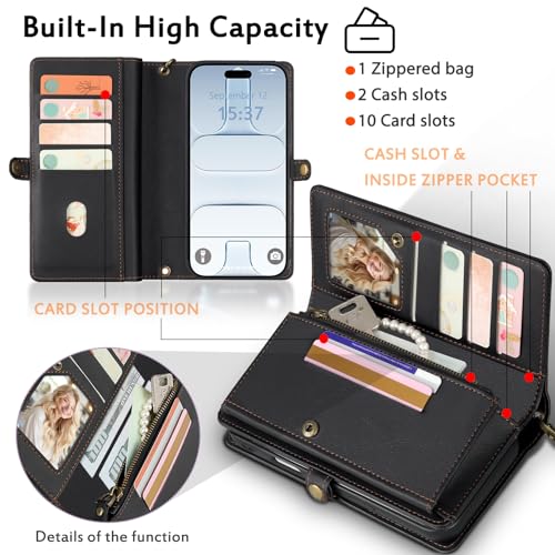 for Wallet Case Compatible with iPhone 17 Air,Multi-Function Detachable 2 in 1 Magnetic iPhone 17 Air Case Wallet,Flip Strap Zipper Card Holder Phone Case with Shoulder Straps (Black) - color: Black, size: iPhone 17Air