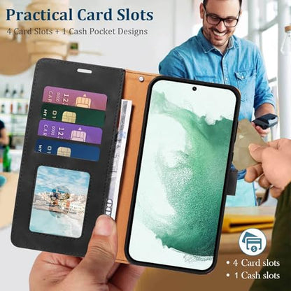 Wallet Case for Galaxy S22, RFID Blocking, 4 Card Slots, Black | For Samsung Galaxy S22 6.1 inch, PU Leather Flip Cover, Protective TPU Shell, Magnetic Closure, Stand, Wrist Strap - color: Black