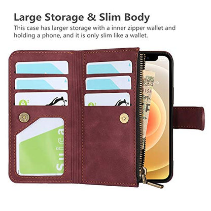 iCoverCase for iPhone 12 Mini Wallet Case with Card Holder and Wrist Strap, PU Leather Kickstand Card Slots Zipper Pocket Magnetic [Detachable] Flip Cover Case 5.4 Inch (Claret) - color: Claret