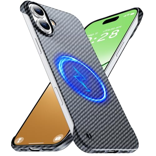 GRECAZO Magnetic Ultra-Thin Frosted Soft Touch Skin Borderless Carbon Fiber Style Texture for iPhone 17 Frameless Case 6.3" Slim Minimalist Lightweight Matte Hard for MagSafe Cover Case-Black - size: iPhone 17