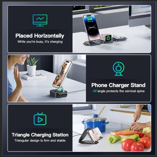 Travel Essentials for Apple Watch Charger,3 in 1 Charging Station for Apple Devices,Foldable Wireless Charging Station for iPhone 17/16/15/14/13/12, Apple Watch & AirPods with Magsafe Charger Stand - color: Matte Black