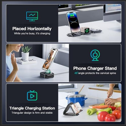 Travel Essentials for Apple Watch Charger,3 in 1 Charging Station for Apple Devices,Foldable Wireless Charging Station for iPhone 17/16/15/14/13/12, Apple Watch & AirPods with Magsafe Charger Stand - color: Matte Black