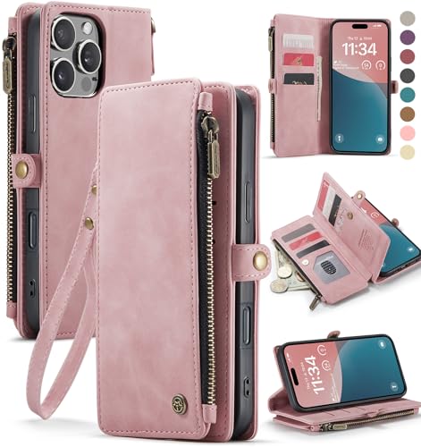 Defencase for iPhone 16 Pro Max Wallet Case with RFID Card Holder, Rosepink | Durable Soft PU Leather, with Zipper Pocket, Wrist Strap, Fashion Snap Flip Phone Cases Cover with Stand for Women and Men - color: Pink