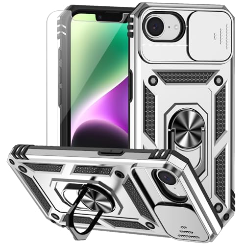 for iPhone 17E / iPhone 16E Case, with Camera Lens Cover HD Screen Protector, Dual Layer Military-Grade Drop Tested Magnetic Ring Holder Kickstand Protective Phone Case for iPhone 16E / 17E (Silver) - color: Silver with camera cover Military-Grade 2nd gen