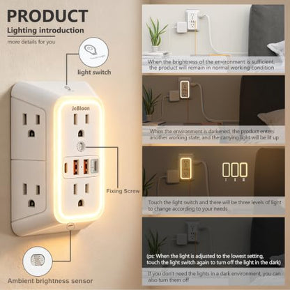 Multi Plug Outlet Surge Protector, 6 Outlet Extender and 4 USB with PD30W USB-C Fast Charging, 3-Sided 1050J Surge Protector Power Strip with Night Light for Home Travel Office-ETL - color: White-30W-1Pcs