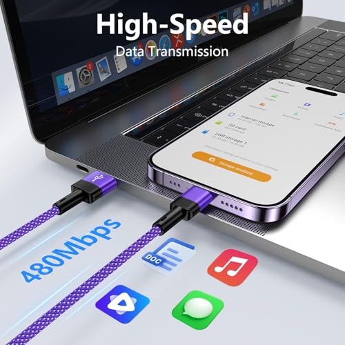 Long USB A to Lightning Cable,Purple iPhone Charger for iPhone 14/14 Pro - color: Purple