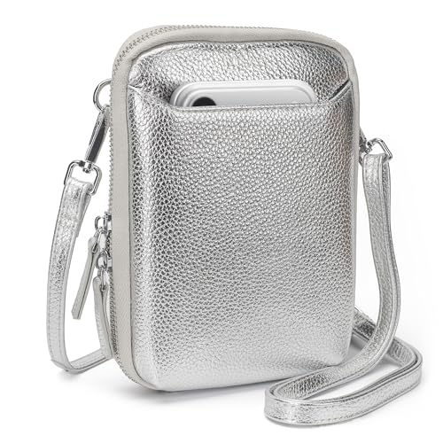 befen Genuine Leather Crossbody Cell Phone Purse for Women, Small Zip Around RFID Blocking Crossbody Wallet Bags - color: Silver