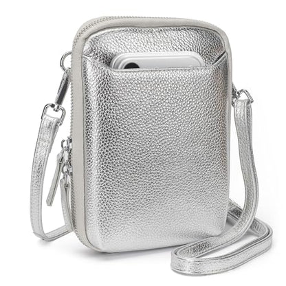 befen Genuine Leather Crossbody Cell Phone Purse for Women, Small Zip Around RFID Blocking Crossbody Wallet Bags - color: Silver