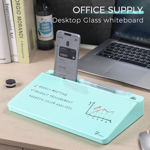 TOWON Compact Glass Desktop Whiteboard with Storage 12x7 in, Teal Blue - color: Teal Blue