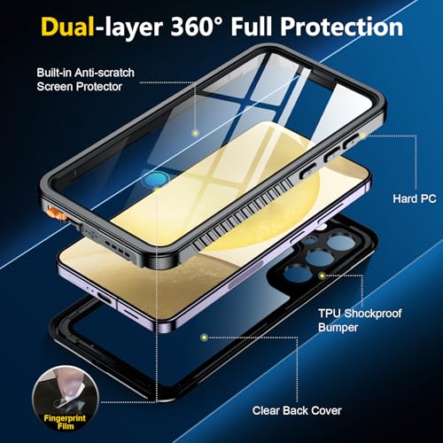 SPIDERCASE for Samsung Galaxy S24 Case Waterproof, Built-in Screen & Camera Protection [12FT Military Shockproof] IP68 Full-Body Anti-Scratched Cell Phone Sleeves for Galaxy S24, Black