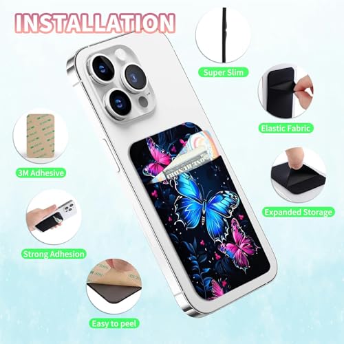 Phone Credit Card Holder Stick on, Phone Case Wallet, Cell Phone Pocket Self Adhesive Stretchy Lycra Stick on Wallet ID Credit Card Case Pouch Sleeve for All Smartphones, Blue Red Butterfly - color: Phone Case Wallet-610