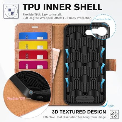 TUCCH Wallet Case for iPhone 17e/16e (6.1"), 4 Card Holders, Light Brown | RFID Blocking, Viewing Stand, Shockproof TPU Shell, PU Leather, Magnetic Closure, Protective Folio Flip Cover - color: Brown - Textured