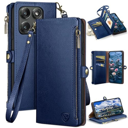 XcaseBar Compatible with ‌Moto Edge 5G 2025 Wallet case with Zipper Credit Card Holder【RFID Blocking】,Flip Folio Book PU Leather Phone case Shockproof Cover Women Men for Mote Edge 2025 case Blue - color: Blue