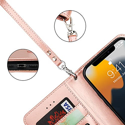 Bocasal Detachable Wallet Case Card Holder for iPhone 13, Rose Gold | RFID Blocking Kickstand Card Slots Holder PU Leather Magnetic Shockproof Wrist Strap Removable Flip Protective Cover 6.1 inch - color: Rose Gold