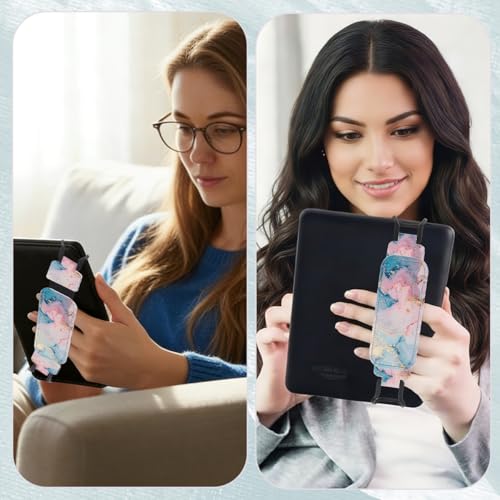 Secure Hand Strap for 6-7.5" Kindle and Tablets, Versatile Lightweight Faux Leather E-Book Grip Holder, Heavy-Duty E-Book Accessories for Reading Lover Gift (Pink Blue Marble) - color: Pink Blue Marble