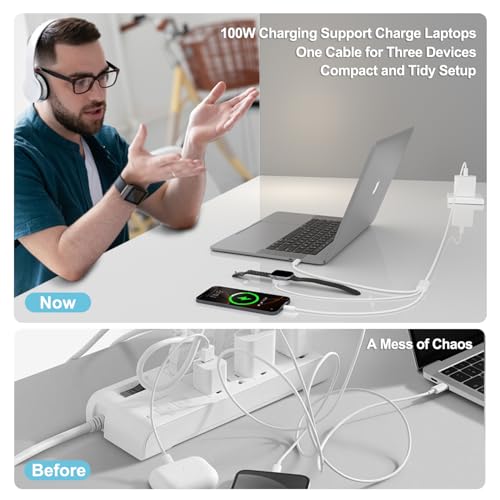 Travel Essentials for Apple Watch Charger,100W 3 in 1 Charger Cable with USB C, Lightning, iWatch Charger for iPhone, MacBook, iPad, Samsung, Google Pixel, iWatch Ultra 1-10 [Apple MFI Certified]