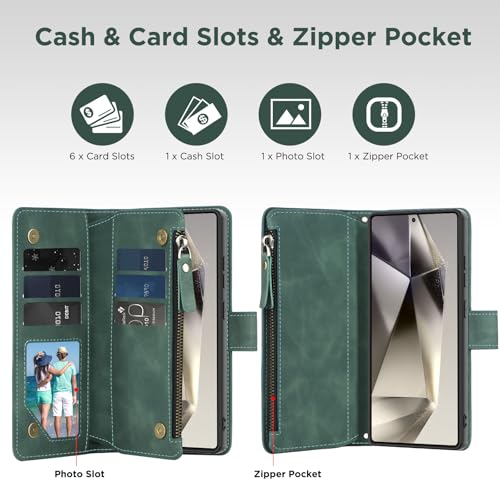 for Samsung Galaxy S24-Ultra-Wallet Case: with RFID Blocking Card Slots (6 Cards) | Soft PU Leather Magnetic Snap Zipper Pocket | Crossbody Wrist Strap Protective Phone Cover - Green - color: Green, size: Galaxy S24 Ultra（6.8‘’）