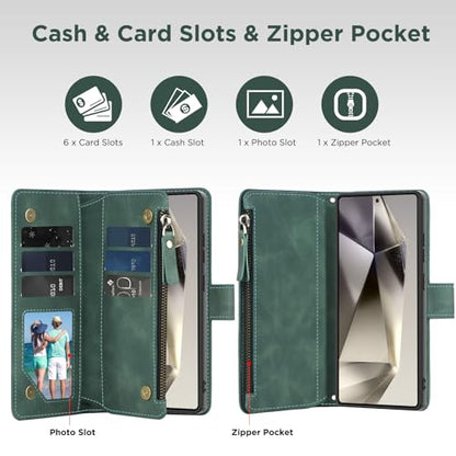 for Samsung Galaxy S24-Ultra-Wallet Case: with RFID Blocking Card Slots (6 Cards) | Soft PU Leather Magnetic Snap Zipper Pocket | Crossbody Wrist Strap Protective Phone Cover - Green - color: Green, size: Galaxy S24 Ultra（6.8‘’）