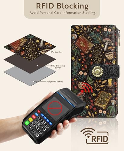 GIANCOMICS Book Mushroom Womens Wallet RFID, Goth Credit Card Holder Bifold | Billfold, Cute Cash Purse, Travel Zipper Coin Pocket, Compact Clutch, PU Leather, ID Window, 11 Card Slots, Ladies Gift Woman - color: Books and Mushrooms