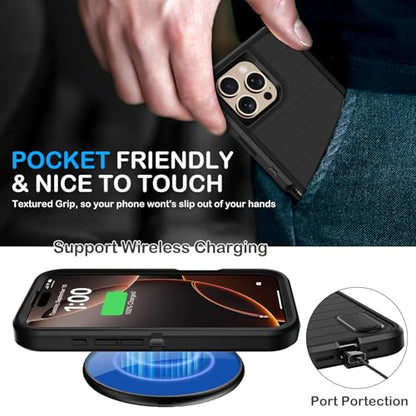 for iPhone 16 Pro Case with Screen Protector,Built-in Invisible Kickstand,Heavy Duty Shockproof Drop Protection Military Grade Tri-Layer Rugged Durable Cell Phone Cover for Apple 16 Pro 6.3" (Black - color: Black