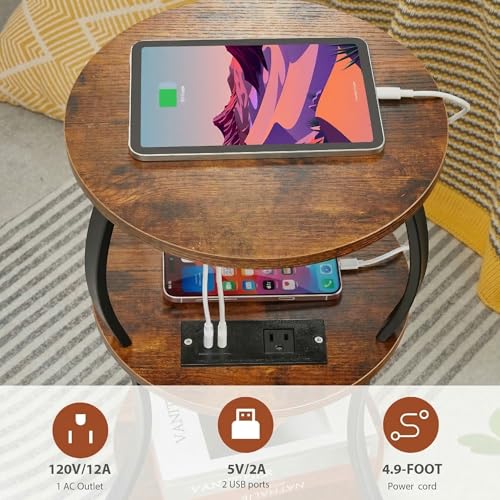 YEAKOO Small Side Table with Charging Station,3-Tier Round end Table - color: Rustic Brown, style: USB Charger