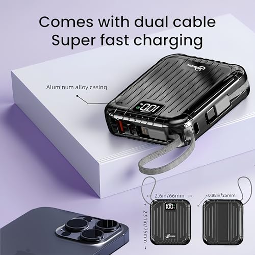 10000mAh Small 22.5W Power Bank with Built in Cable, 3A Fast Charging, 4 Outputs 2 Inputs, Mini Portable Charger for Samsung Google Pixel LG Moto iPhone iPad