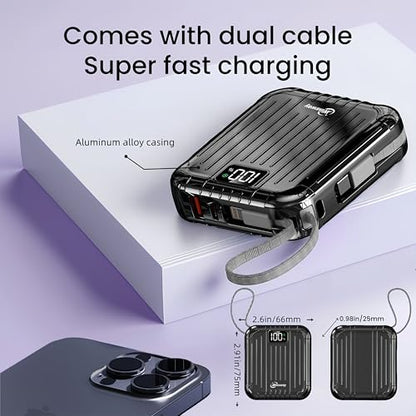 10000mAh Small 22.5W Power Bank with Built in Cable, 3A Fast Charging, 4 Outputs 2 Inputs, Mini Portable Charger for Samsung Google Pixel LG Moto iPhone iPad