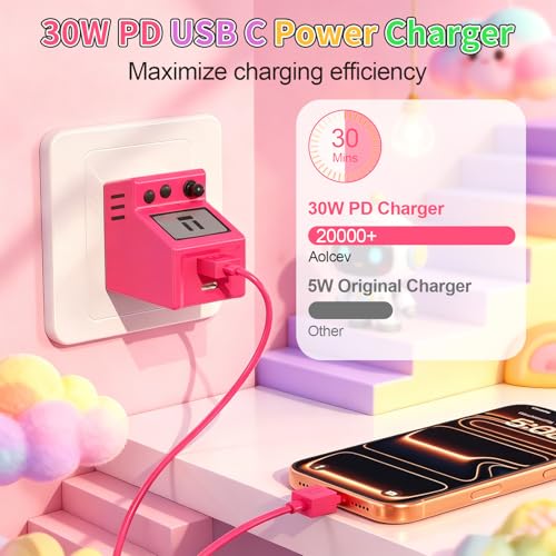 Aolcev for iPhone Charger 2 in 1 Dual USB A USB C Charger Block Retro 30W - color: Barbie Pink